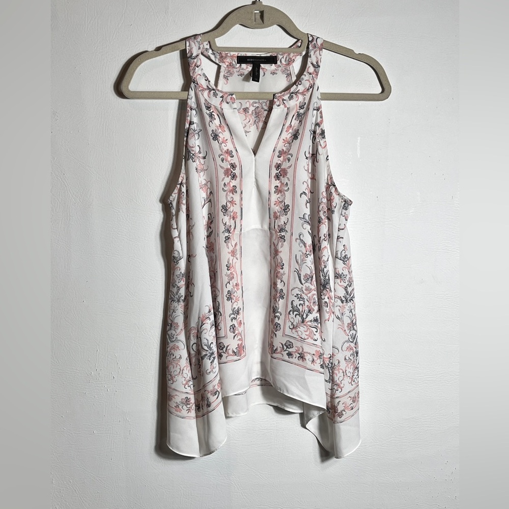 BCBGMaxAzria White and Pink Floral Flowy Tank Top XS